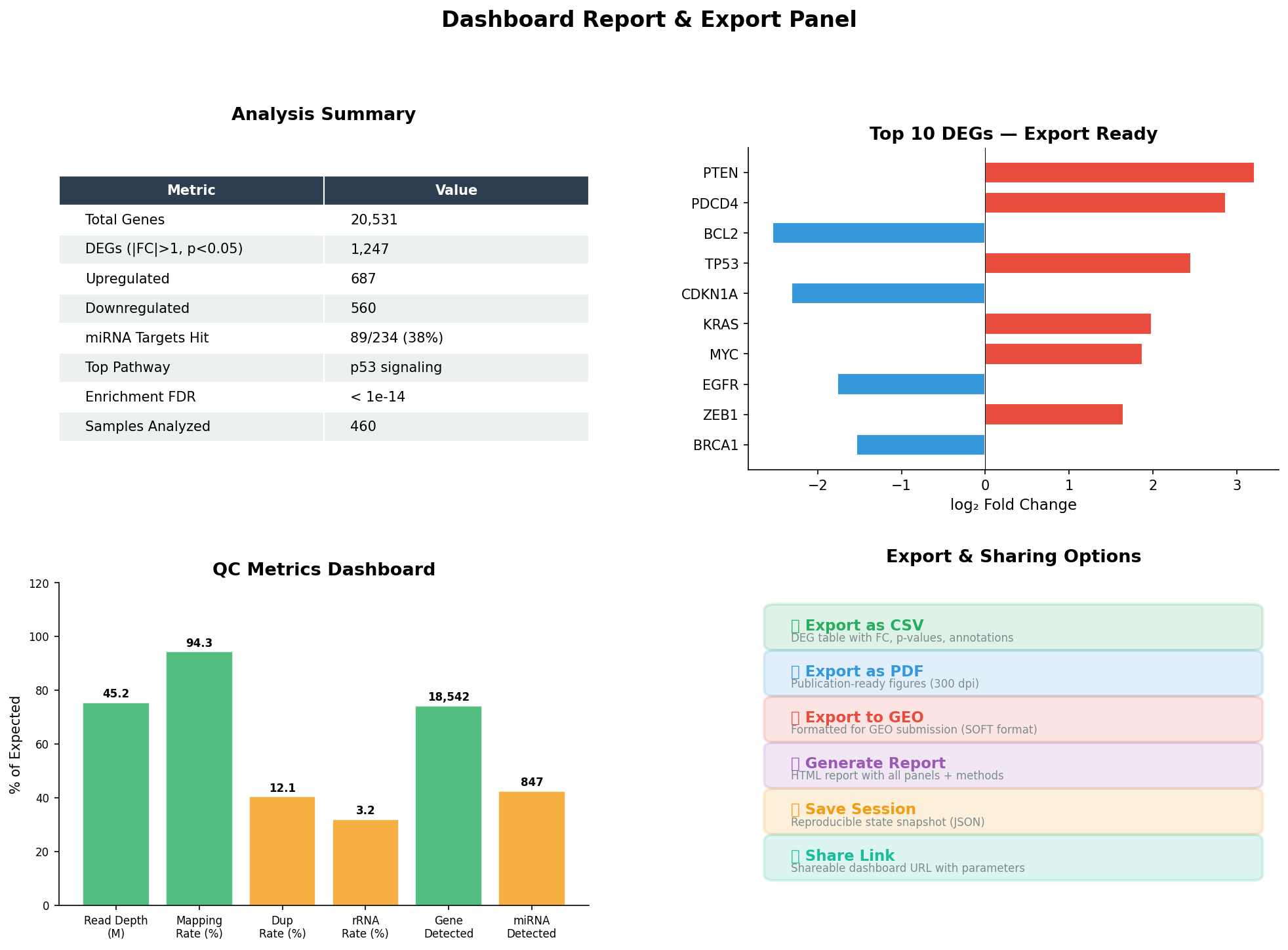Dashboard Report und Export Panel