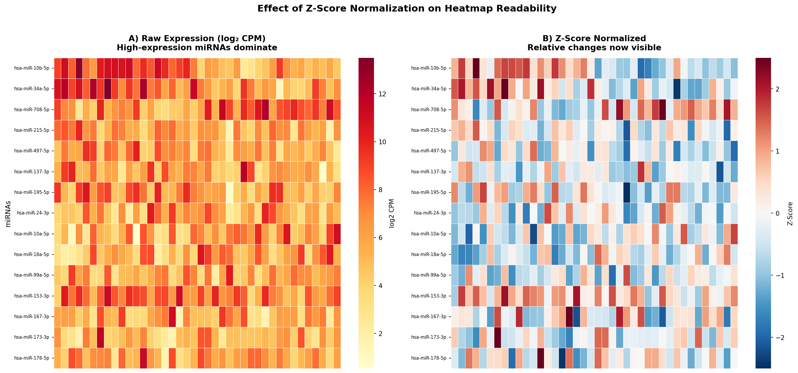 Vergleich: Rohdaten vs. Z-Score-normalisierte Heatmap